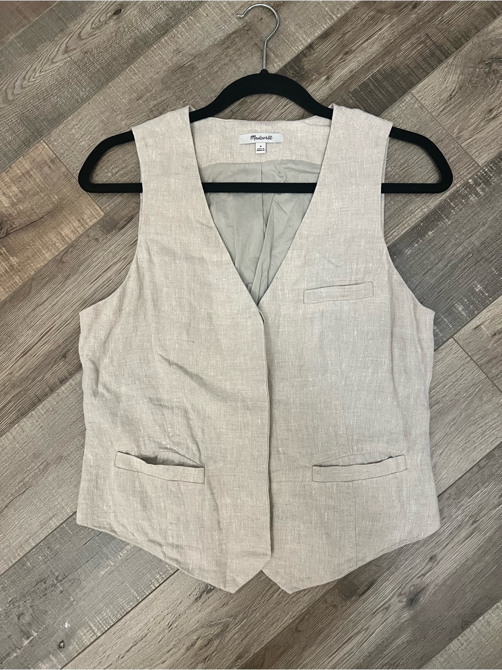 Madewell Neutral 100% linen with cotton lining vest with hidden button front EUC